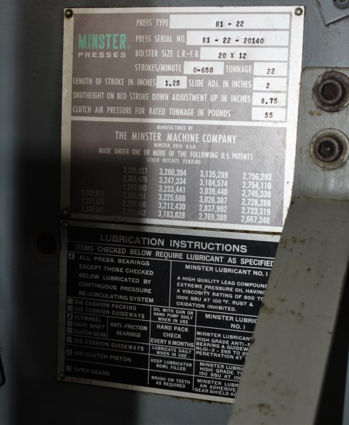 22 Ton, Minster #B1-22, high speed gap frame press, 1.25" stroke, 8.75"Shut Height,air clutch, 0-650 SPM - Image 7