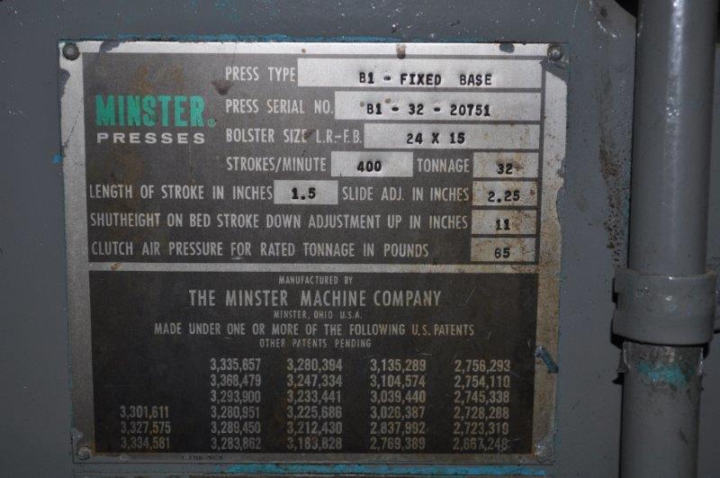 32 Ton, Minster #B1-32, gap frame press, 1.5" stroke, 11" Shut Height,air clutch & brake, 0-400 SPM - Image 3