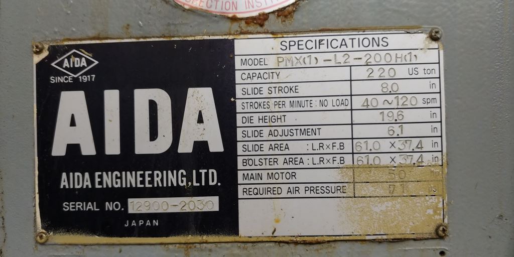 220 Ton, Aida #PMX-L2-200(1), straight side double crank Link Drive, 7.8" stroke, 18.7" Shut Height,air - Image 6