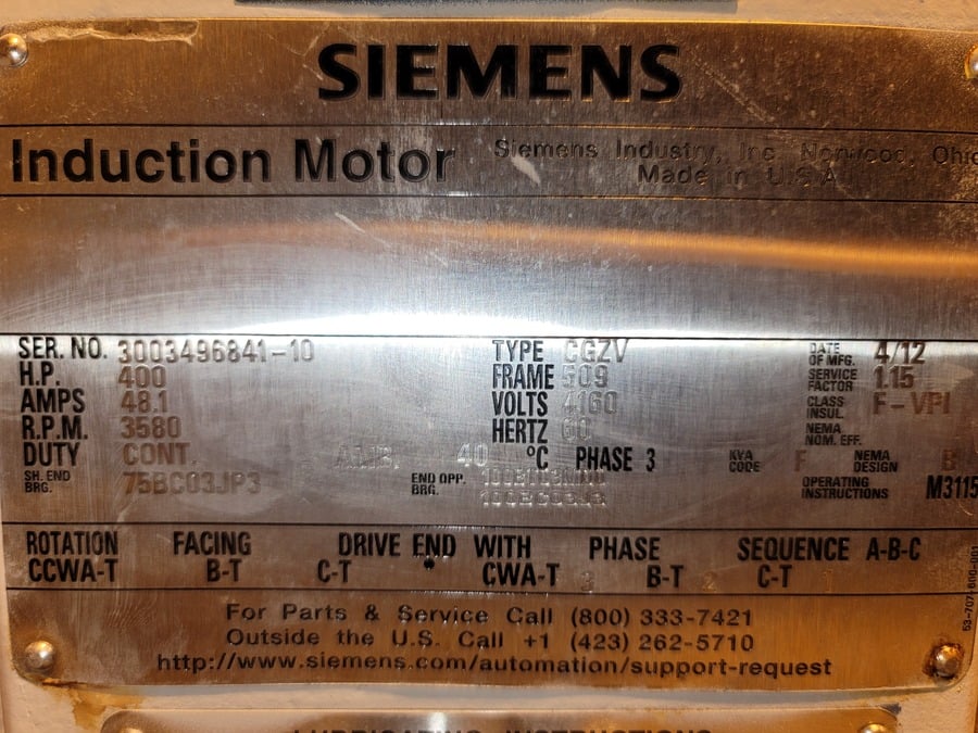 400 HP 3580 RPM Siemens, Frame 509PZ, TEFC, CGZV, high thrust, unused surplus, 4160 Volts - Image 3