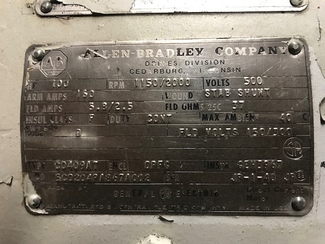 100 HP 1150/2000 RPM Allen-Bradley /GE, Frame CD409AT, DPFG, 500VA, 150/300VF - Image 2