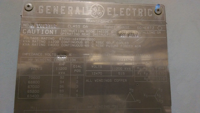 11200/14000 kVA, 67000 Delta Primary, 12470/7200 WYE Secondary, General Electric Substation - Image 1