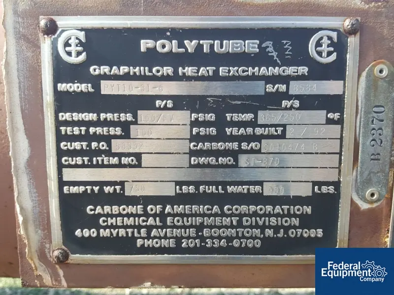 60 sq.ft. Carbone #PTY10-31-6, shell & tube heat exchanger, 100/100 psi, carbon steel shell, 1992, #26710 - Image 5