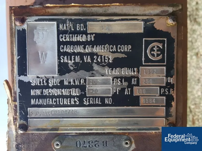 60 sq.ft. Carbone #PTY10-31-6, shell & tube heat exchanger, 100/100 psi, carbon steel shell, 1992, #26710 - Image 6