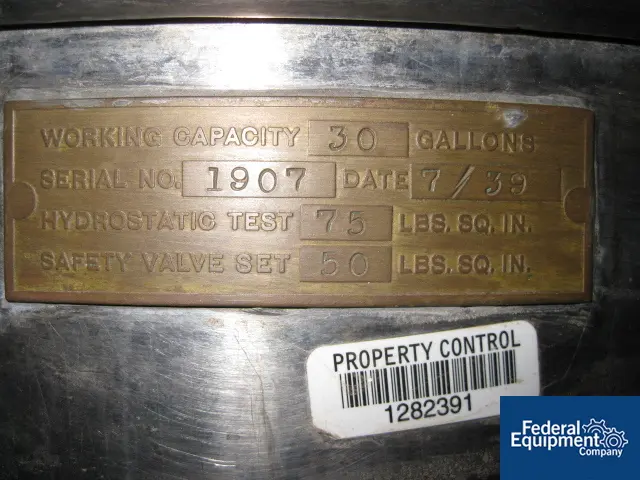30 gallon Groen, Stainless Steel kettle, 24" dia., open top, jacketed, 75 psi, tilt discharge on stand - Image 2