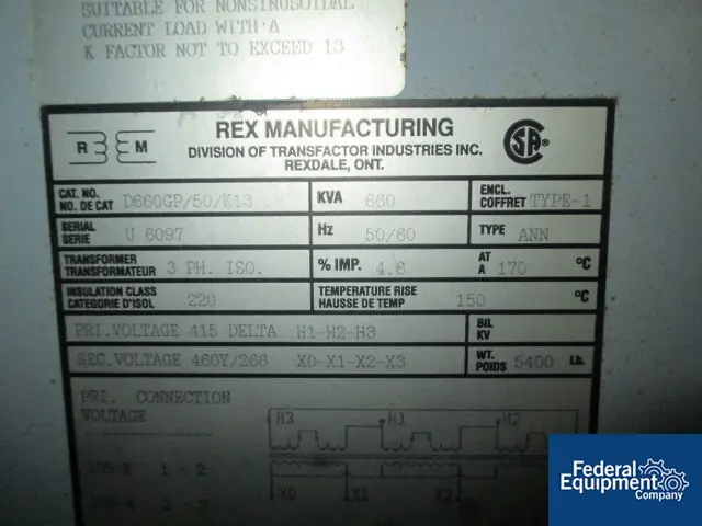 660 KVA 415 Delta Primary, 460Y/266 Secondary, Rex isolation transformer, 50/60 Hz, class 220, type 1, serial - Image 7