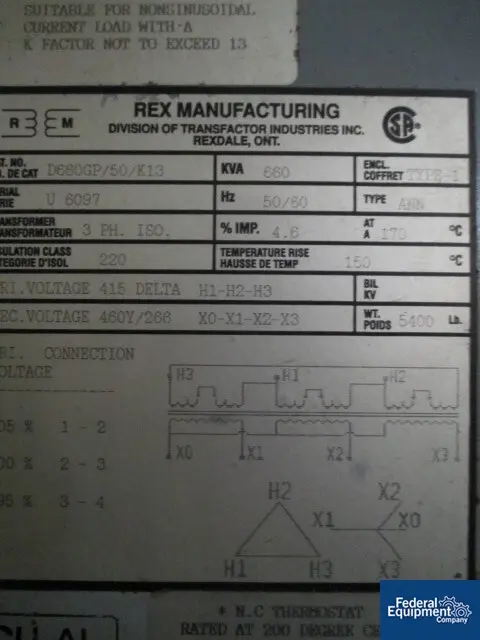 660 KVA 415 Delta Primary, 460Y/266 Secondary, Rex isolation transformer, 50/60 Hz, class 220, type 1, serial - Image 8
