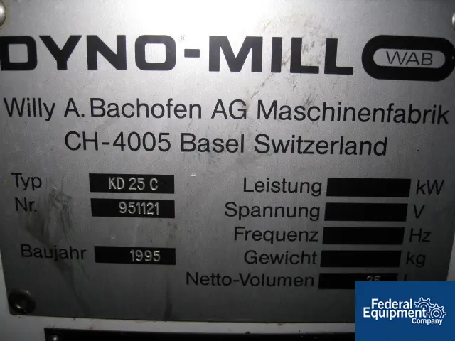 Chicago Boiler #KD25C, Dyno mill horizontal media mill, 25 liter jacketed bowl, 30 HP, serial #951121,1995 - Image 6