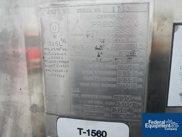 132 gallon Precision Stainless reactor, 316L Stainless Steel, bolt on dish top, dish bottom, 45 psi @ 300°F - Image 6