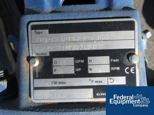 16 GPM @ 291' TDH, Grundfos #CR3-13-U-FGJ-A-U-HOOV, Stainless Steel, 195°F max.temp, 3 HP, 230/460 V, #47560 - Image 6