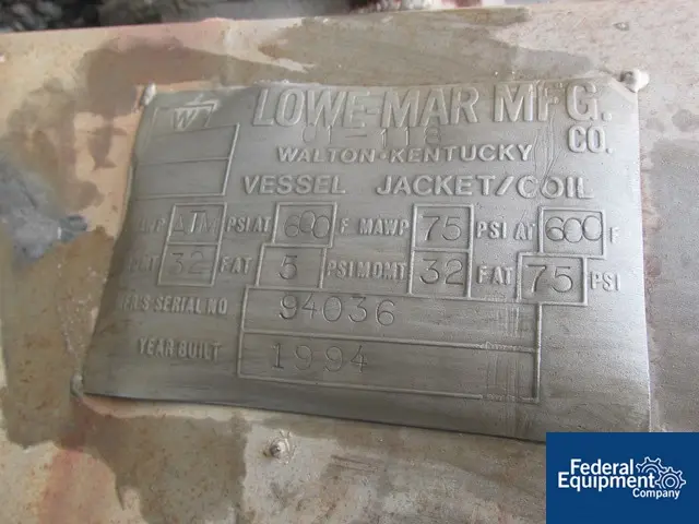 100 gallon Lowe-Mar tank, Hastelloy C-276, vessel 5 psi @ 600°F, Carbon Steel jacket 75 psi @ 600°F - Image 2