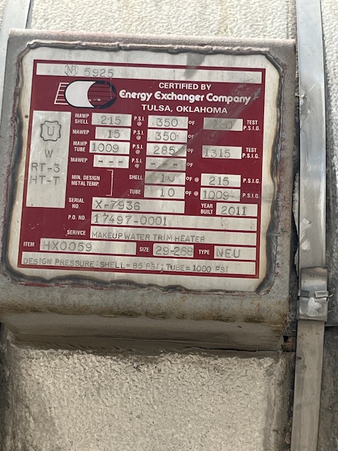 3007 sq.ft., 85 FV psi shell, Energy Exchanger Co, 1000 psi tubes, U-tube, horizontal - Image 4