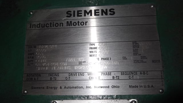 4500 HP 3600 RPM Siemens, Frame 6813, WPIISB, 4000 Volts - Image 1
