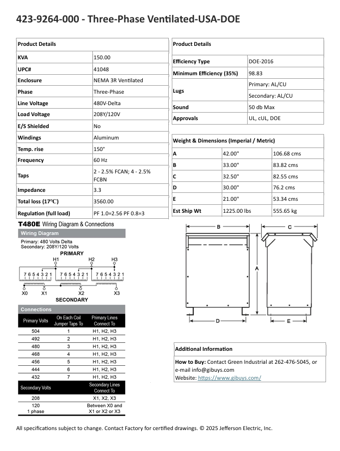 150 KVA 480 Delta Primary, 208Y/120 Secondary, Jefferson, dry, warranty, new, free shipping (10 available) - Image 9