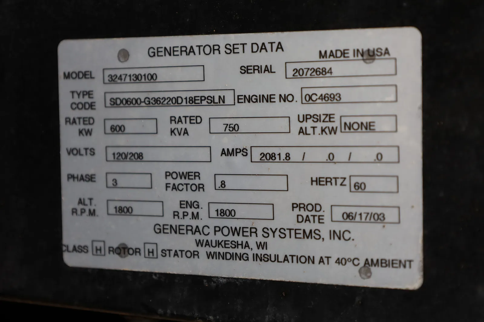 600 KW Generac, diesel generator, weatherproof enclosure, 300 hours, 2003, #88593 - Image 6