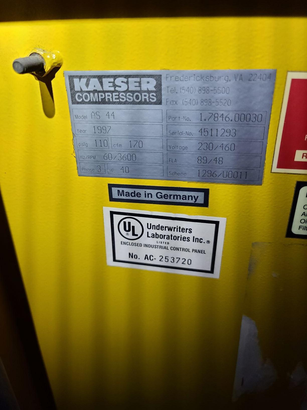 40 HP Kaeser #AS44, air compressor, 170 cfm, 110 psi,analog gauges,manual switches, 1997 - Image 3