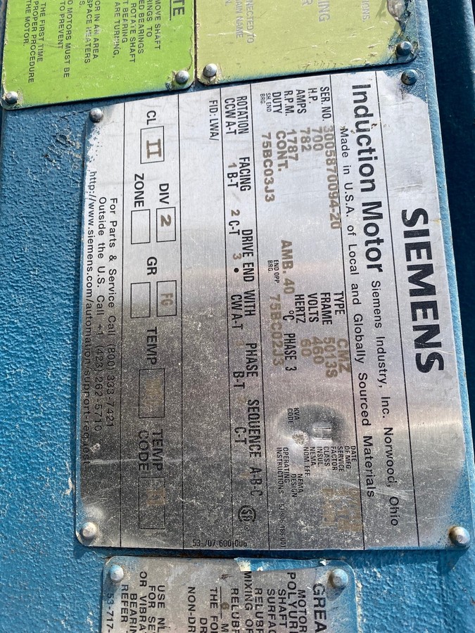 700 HP 1800 RPM Siemens, Frame 5013S, TEFC, BB, inv duty, rebuilt, 460 Volts - Image 2