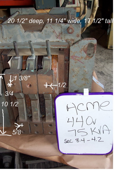 75 KVA 440/460/480 Primary, 8.4-4.2 Secondary, Acme, machine type transformer - Image 3