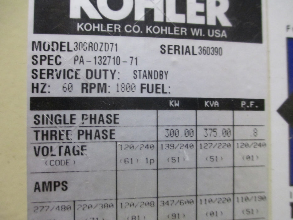 300 KW Kohler #80637416, 480 Volts, 1800 RPM, s/n 360390 - Image 10