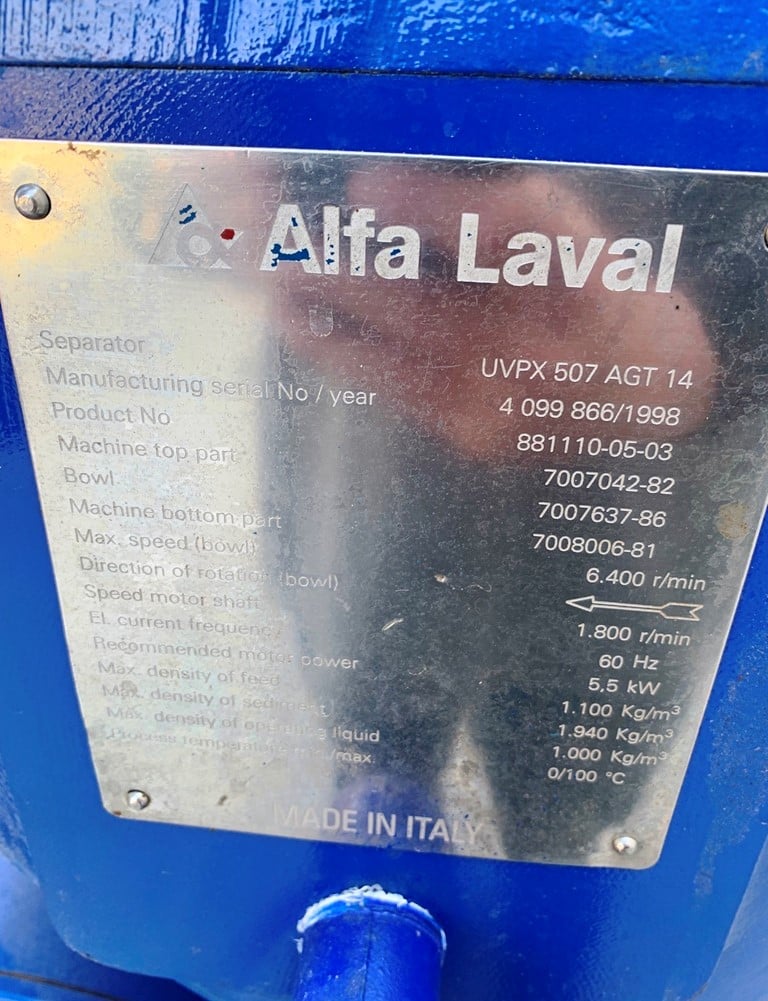 Alfa-Laval #UVPX507-507-AGT-14, oil separator for food grade oil, bowl rated for 6400 RPM, Complete with - Image 8