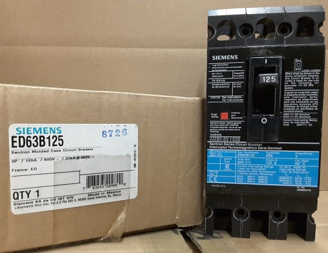 125 Amps, Siemens, ED63B125, breaker ED 3P 125A 600V 18KA LD LUG - Image 1