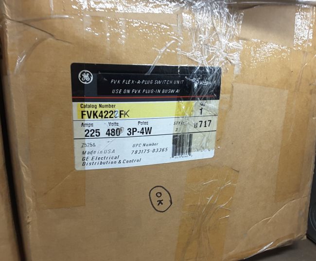225 Amps, General Electric, FVK422FK, 600 Volts, std-fm busway plug, new - Image 1