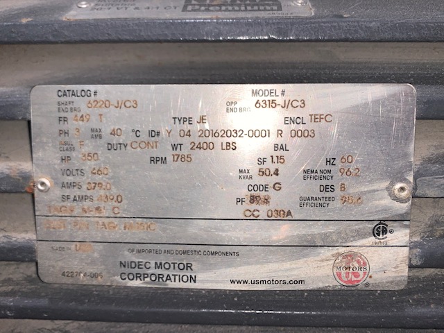 350 HP 1785 RPM U.S. Motors, Frame 449T, TEFC, unused, 460 Volts - Image 4