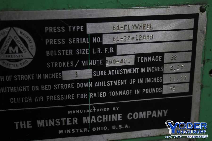 32 Ton, Minster #B1-32, gap press, 1" stroke, 10-1/4" Shut Height, 24" x15" bed, 5 HP, air clutch, #74064 - Image 3