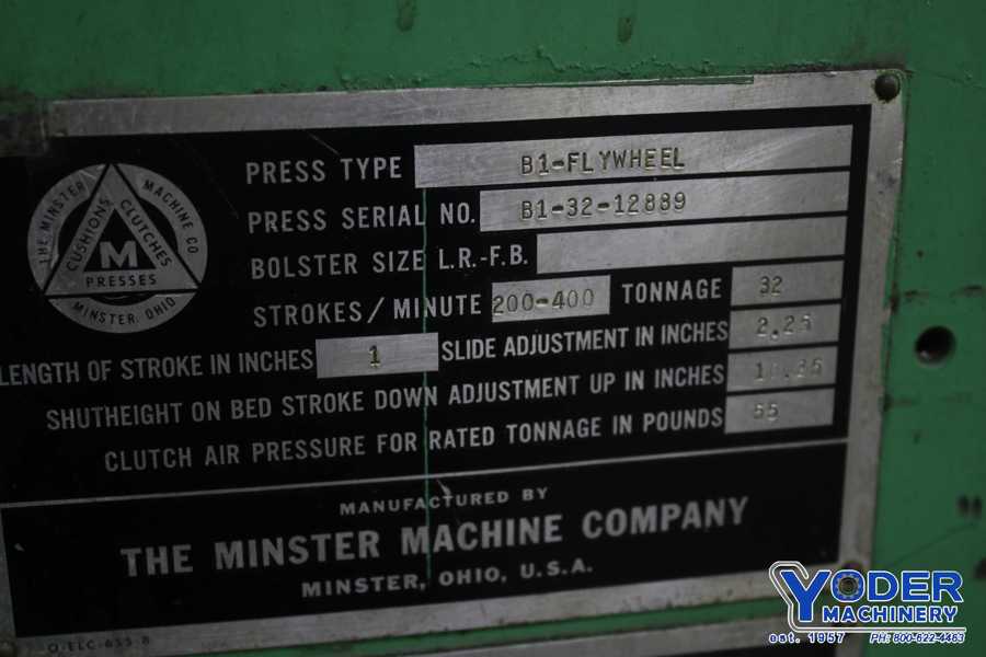 32 Ton, Minster #B1-32, gap press, 1" stroke, 10-1/4" Shut Height, 24" x15" bed, 5 HP, air clutch, #74064 - Image 6
