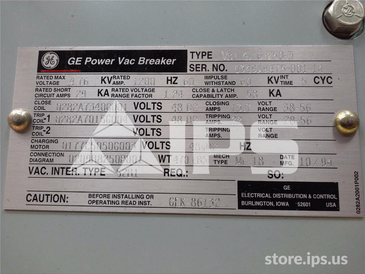 1200 Amps GE Vb1 4.16-250-3 Ml-18 (vb1 4.16-250) 48 Volts DC Control, 29k Amps Sc, Bottle# 52b1 - Image 2