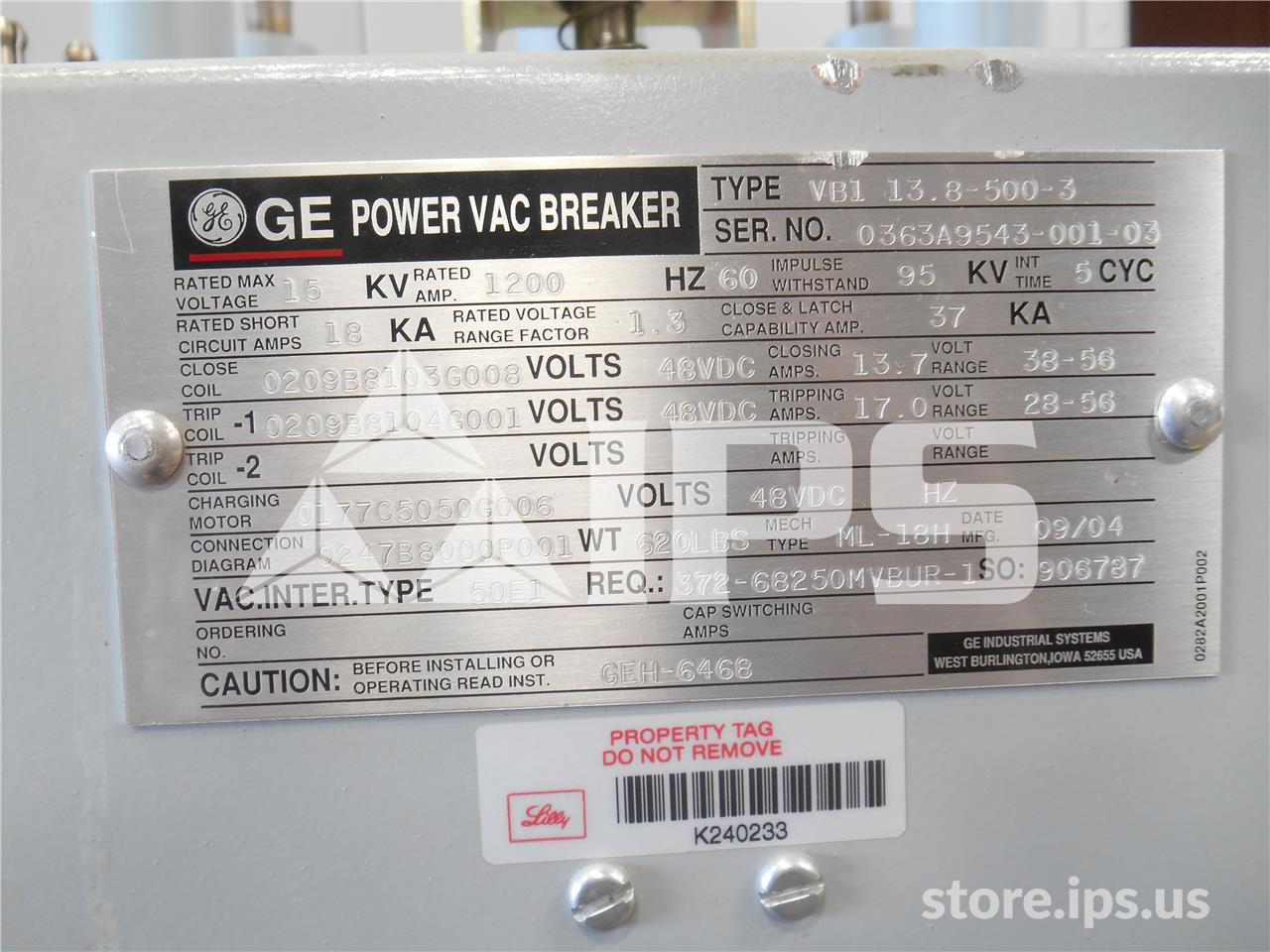 1200 Amps GE Vb1 13.8-500-3 Ml-18h Vertical Lift Unused Surplus (vb1 13.8-500) 48 Volts DC Control, 18k Amps - Image 2