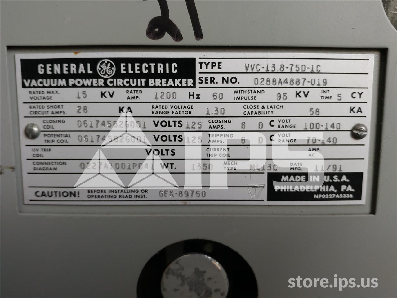 1200 Amps GE Vvc 13.8-750-1c Ml-13c (vvc 13.8-750) 125 Volts DC Control, 28k Amps Sc, Bottle# 186l0739p41 - Image 4