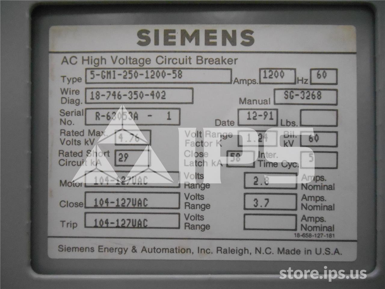 1200 Amps Sa 5-gmi-250 (5gmi 250) 120 Volts AC Control, 29k Amps Sc, Bottle# Vs12015 - Image 2