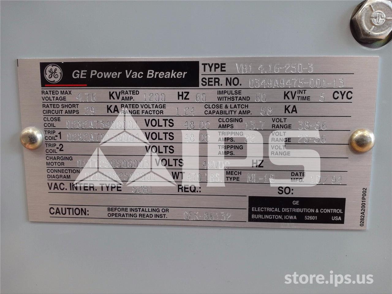 1200 Amps GE Vb1 4.16-250-3 Ml-18 (vb1 4.16-250) 48 Volts DC Control, 29k Amps Sc, Bottle# 52b1 - Image 2
