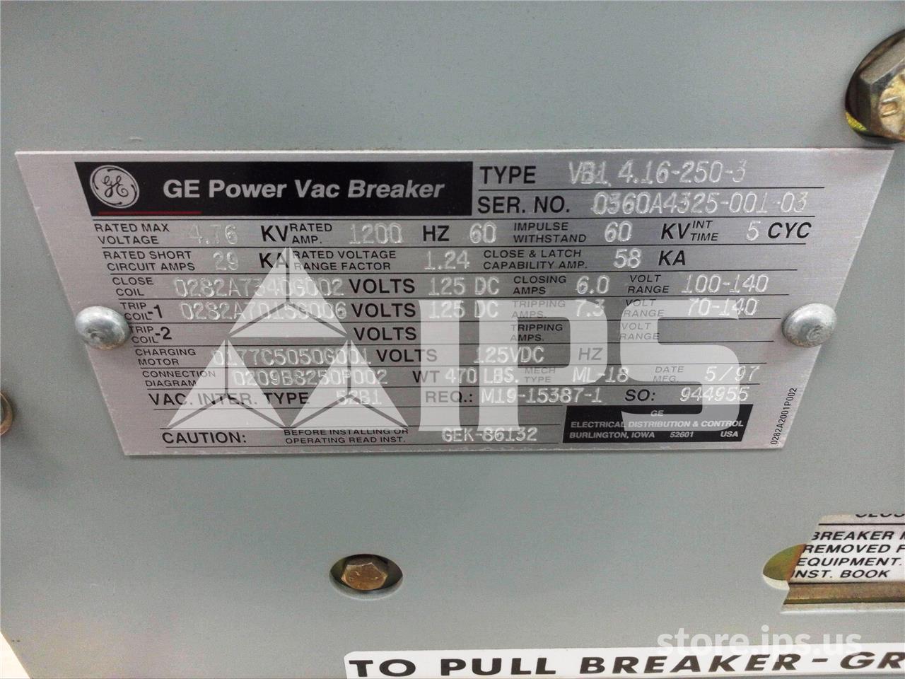 1200 Amps GE Vb1 4.16-250-3 Ml-18 (vb1 4.16-250) 125 Volts DC Control, 29k Amps Sc, Bottle# 52b1 - Image 4