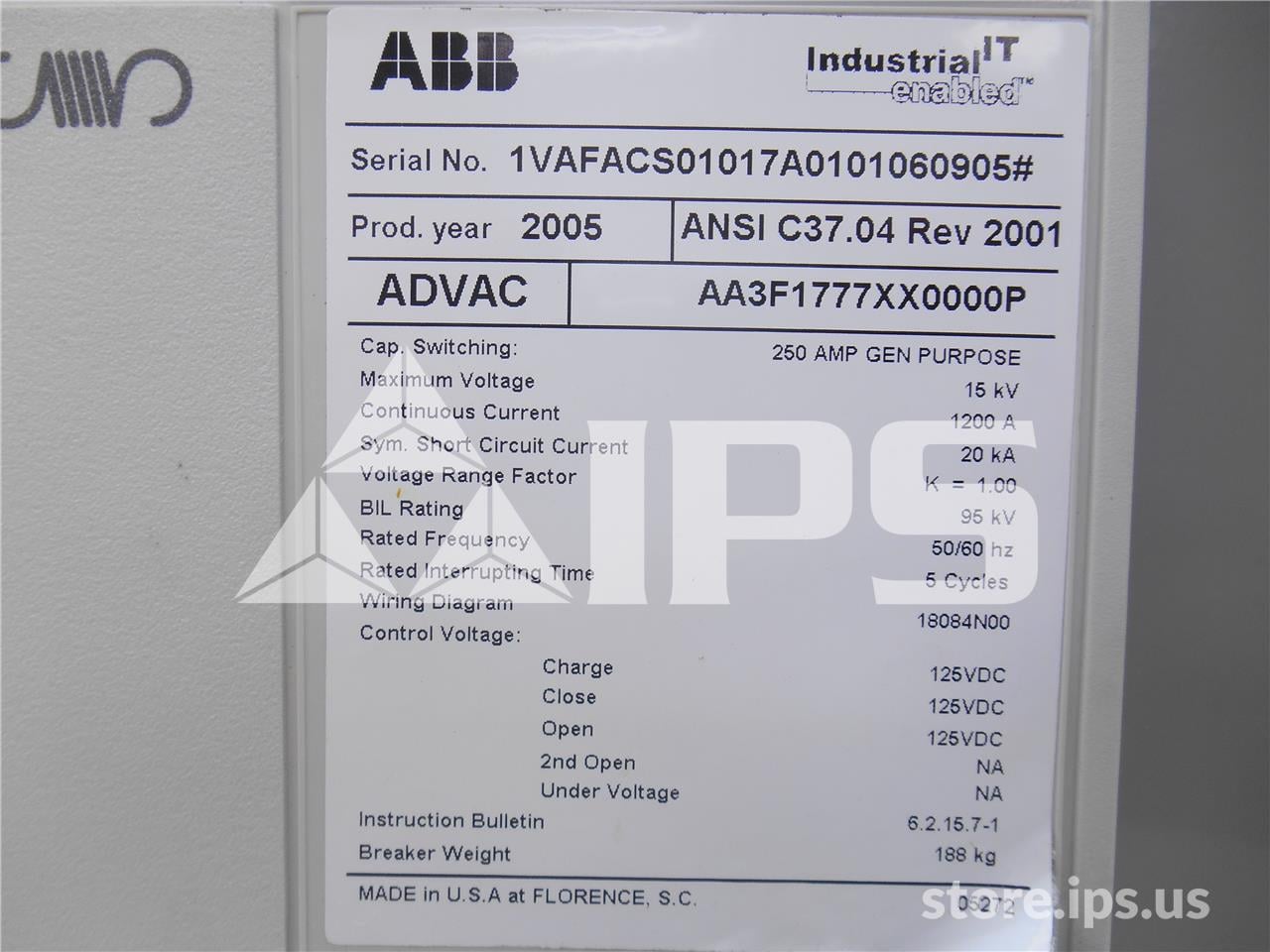 1200 Amps ABB Advac Aa3f1777xx0000p Model 3 (advac Model 3) 125 Volts DC Control, 20k Amps Sc - Image 2