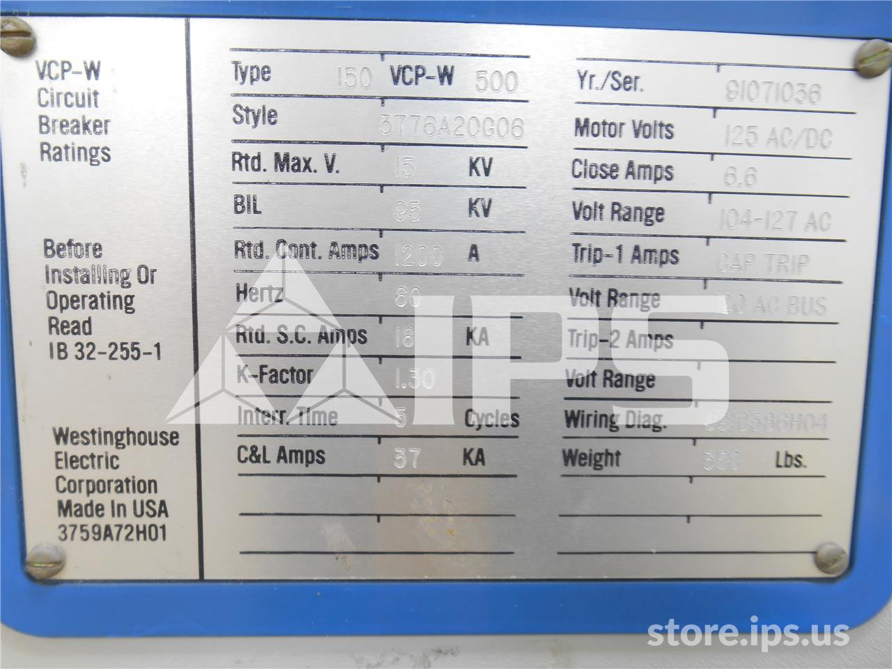 1200 Amps WH 150vcp-w 500 (150vcp-w 500) 120 Volts AC Control, 125 Volts DC Trip, 18k Amps Sc, Bottle# - Image 3