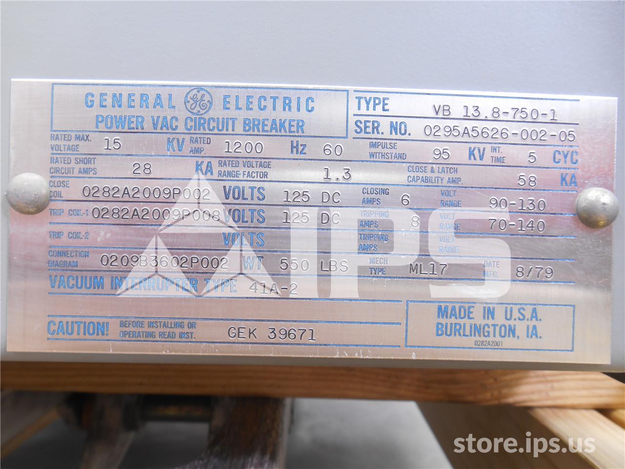 1200 Amps GE Vb 13.8-750-1 Ml-17 (vb 13.8-750) 125 Volts DC Control, 28k Amps Sc, Bottle# 41a2 - Image 3