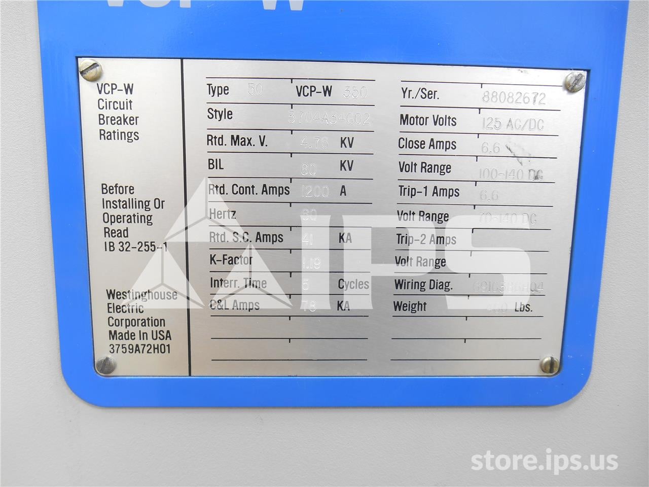 1200 Amps WH 50vcp-w350 (50vcp-w 350) 4.76 KV 125 Volts DC Wl-34952 Bottles - Image 3