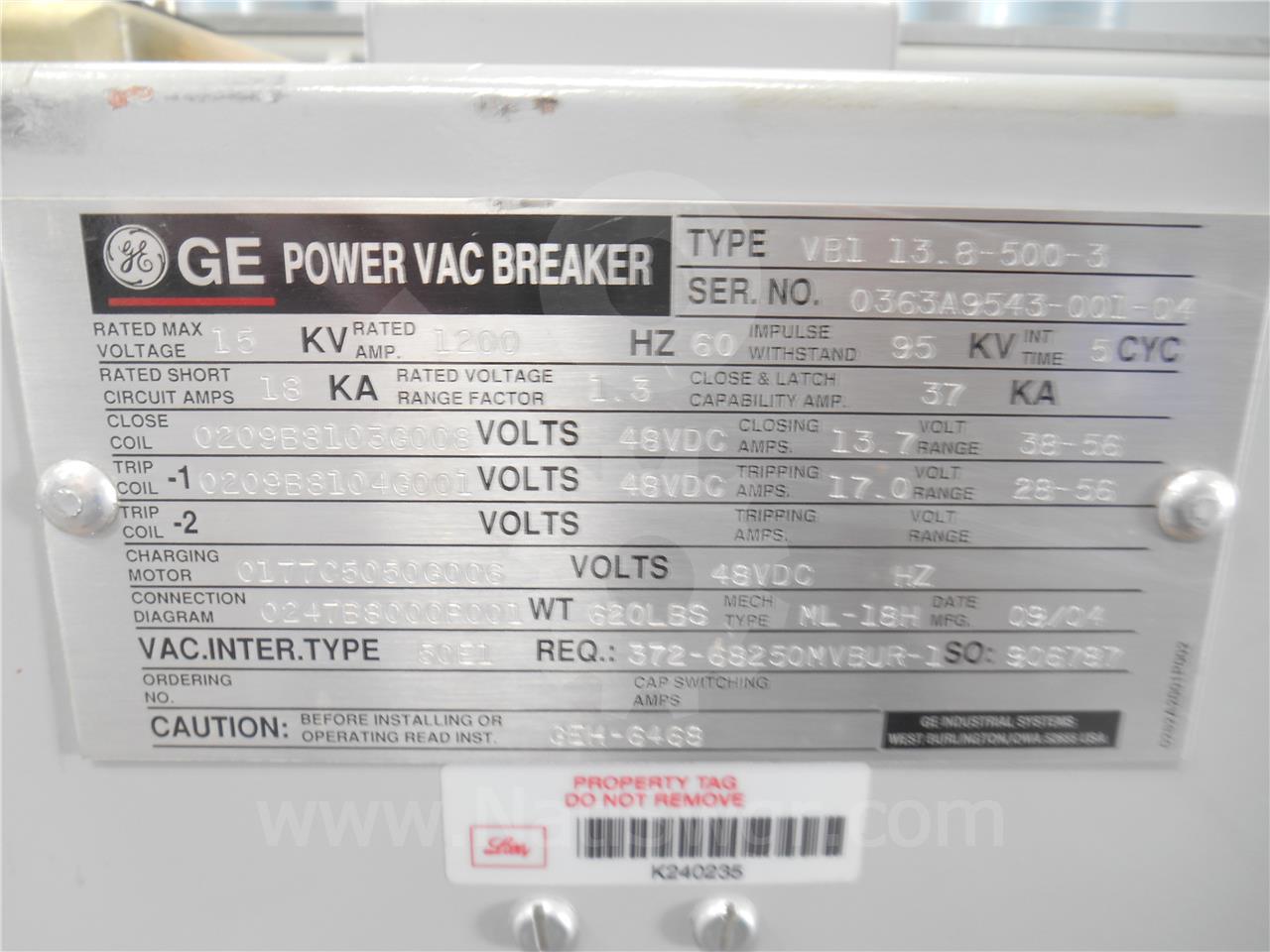 1200 Amps GE Vb1 13.8-500-3 Ml-18h Vertical Lift Unused Surplus (vb1 13.8-500) 48 Volts DC Control, 18k Amps - Image 2