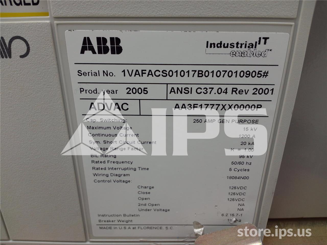1200 Amps ABB Advac Aa3f1777xx0000p Model 3 (advac Model 3) 125 Volts DC Control, 20k Amps Sc - Image 2