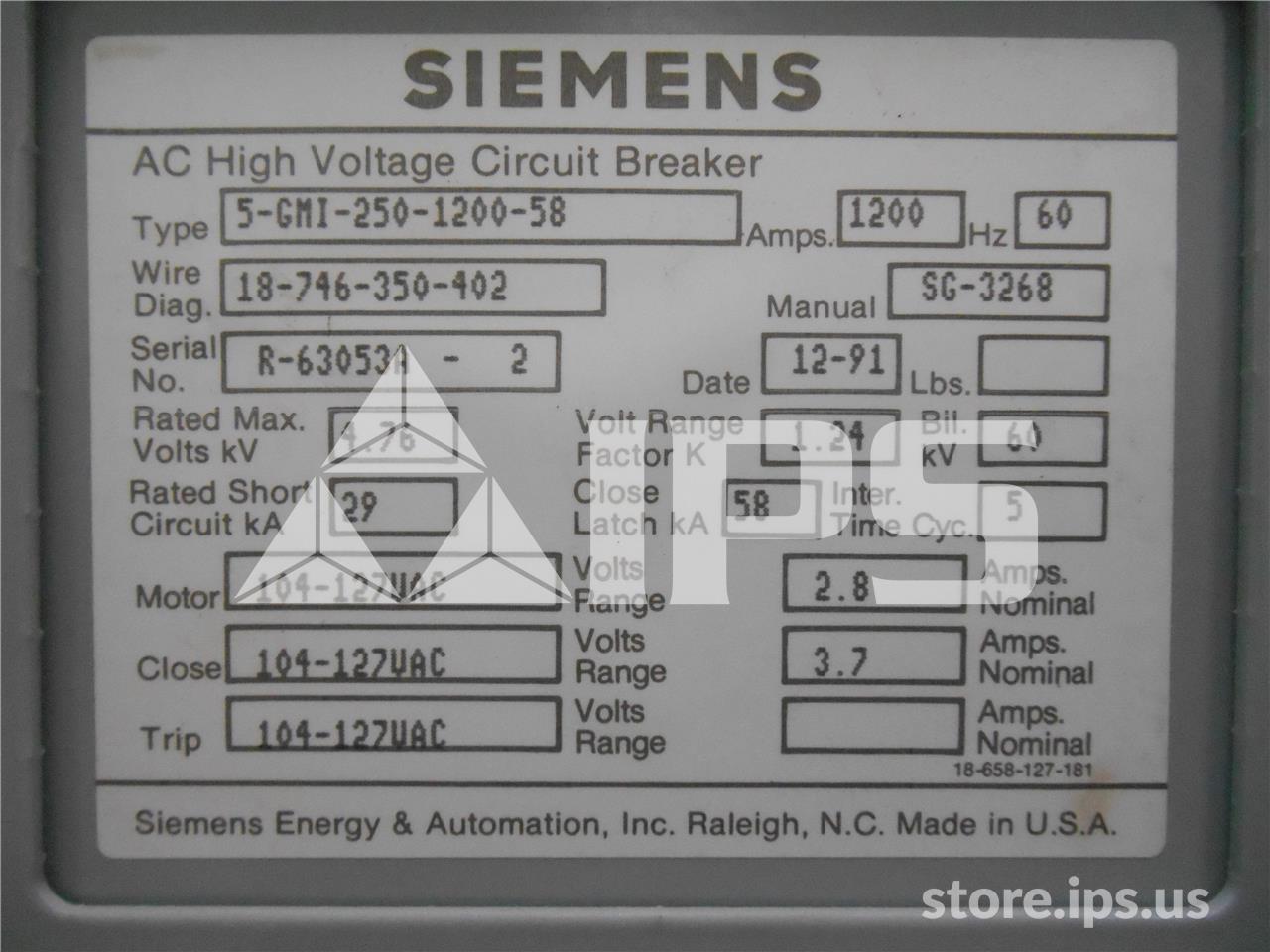 1200 Amps Sa 5-gmi-250 (5gmi 250) 120 Volts AC Control, 29k Amps Sc, Bottle# Vs12015 - Image 3