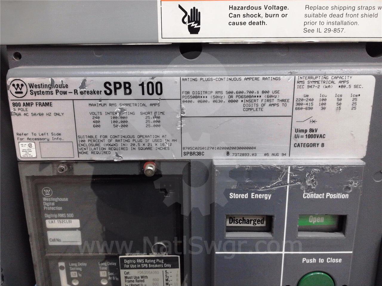 800 Amps WH Spb-100 Eo/do (spb100) 120 Volts AC Control, Digitrip Rms 500 Lsi, 800 Amps Rp, 800 Amps Ct - Image 6