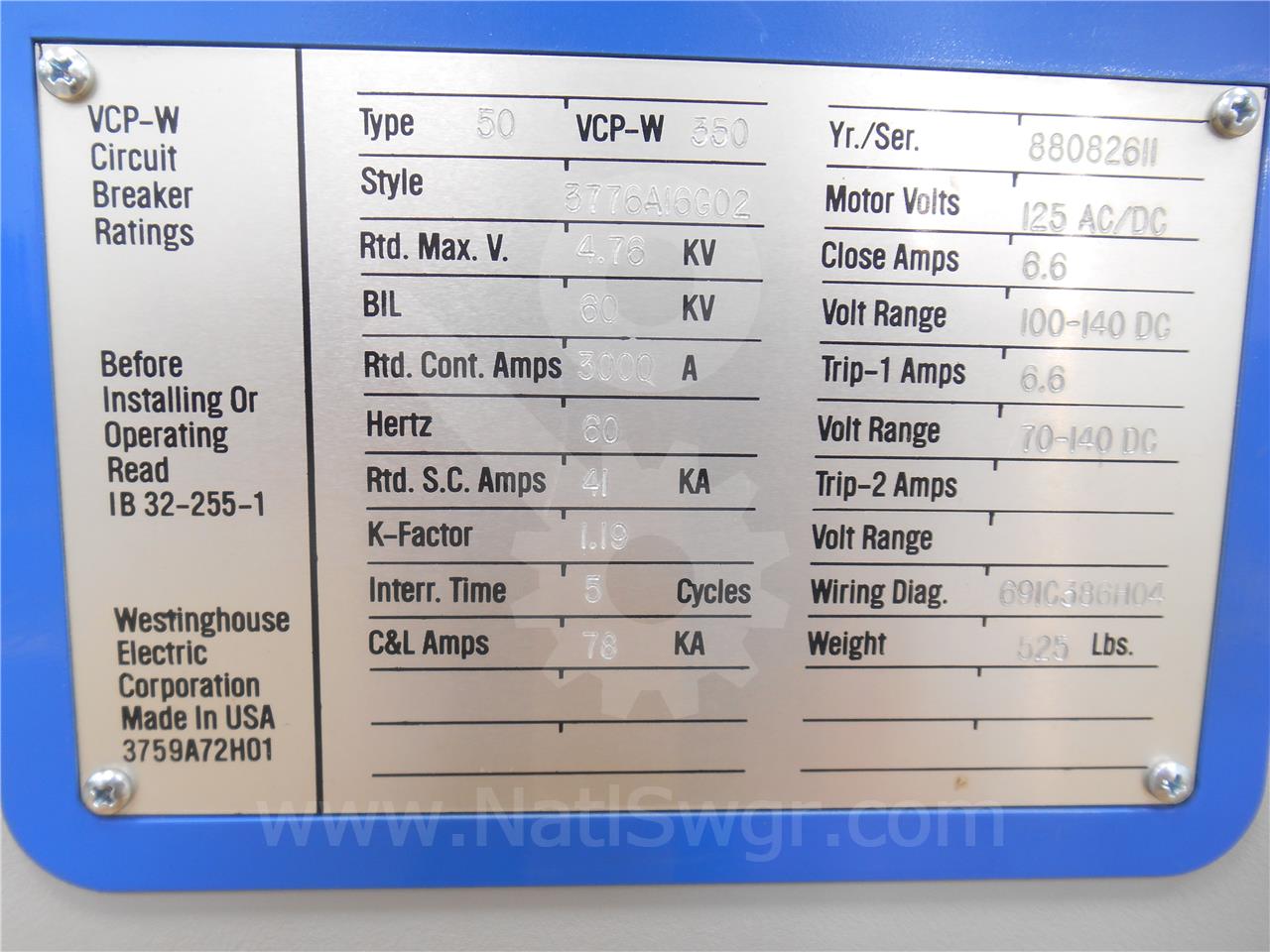 3000 Amps WH 50vcp-w 350 Eo/do Parts Unit, 125 Volts DC Control, 41k Amps Sc, Bottle# Bad - Image 4