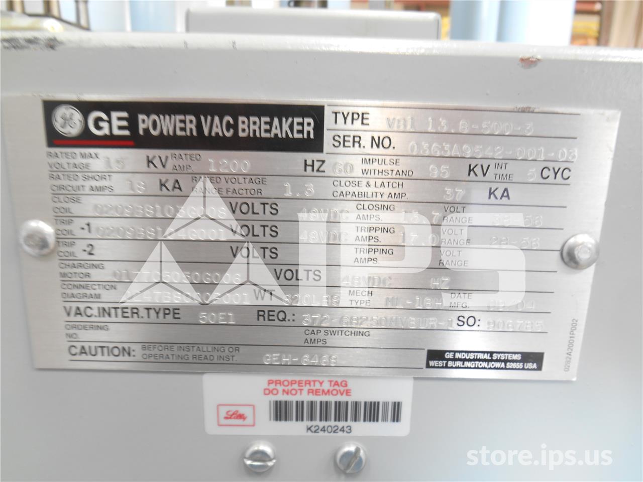1200 Amps GE Vb1 13.8-500-3 Ml-18h Vertical Lift Unused Surplus (vb1 13.8-500) 48 Volts DC Control, 18k Amps - Image 2
