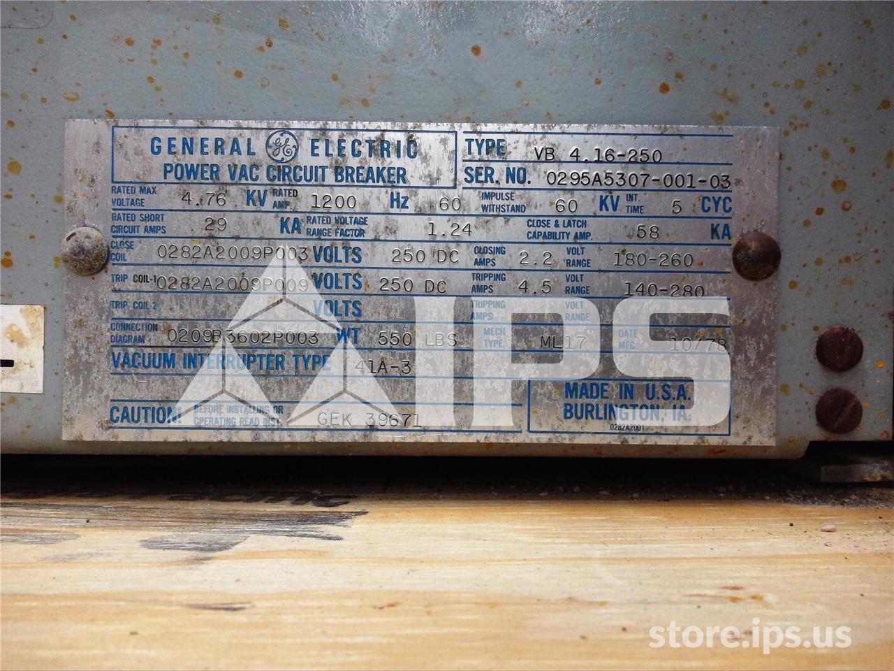 1200 Amps GE Vb 4.16-250 Ml-17 250 Volts DC Control 29k Amps Sc, Bottle# 41a3 - Image 4