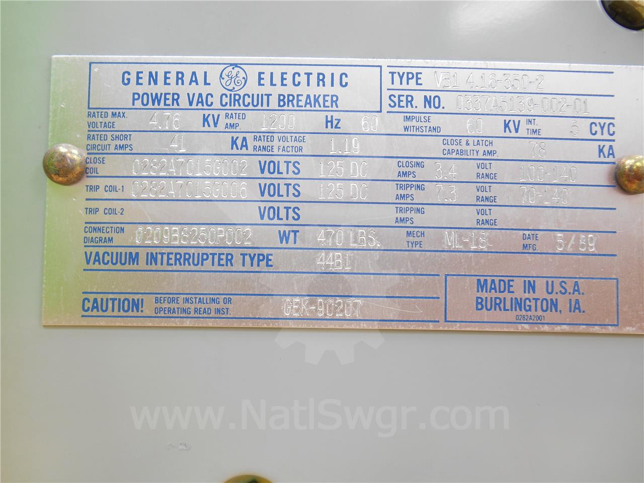 1200 Amps GE Vb1 4.16-350-2 Ml-18 (vb1 4.16-350) Parts Unit, 125 Volts DC Control, 41k Amps Sc, Bottle# 44b1 - Image 7