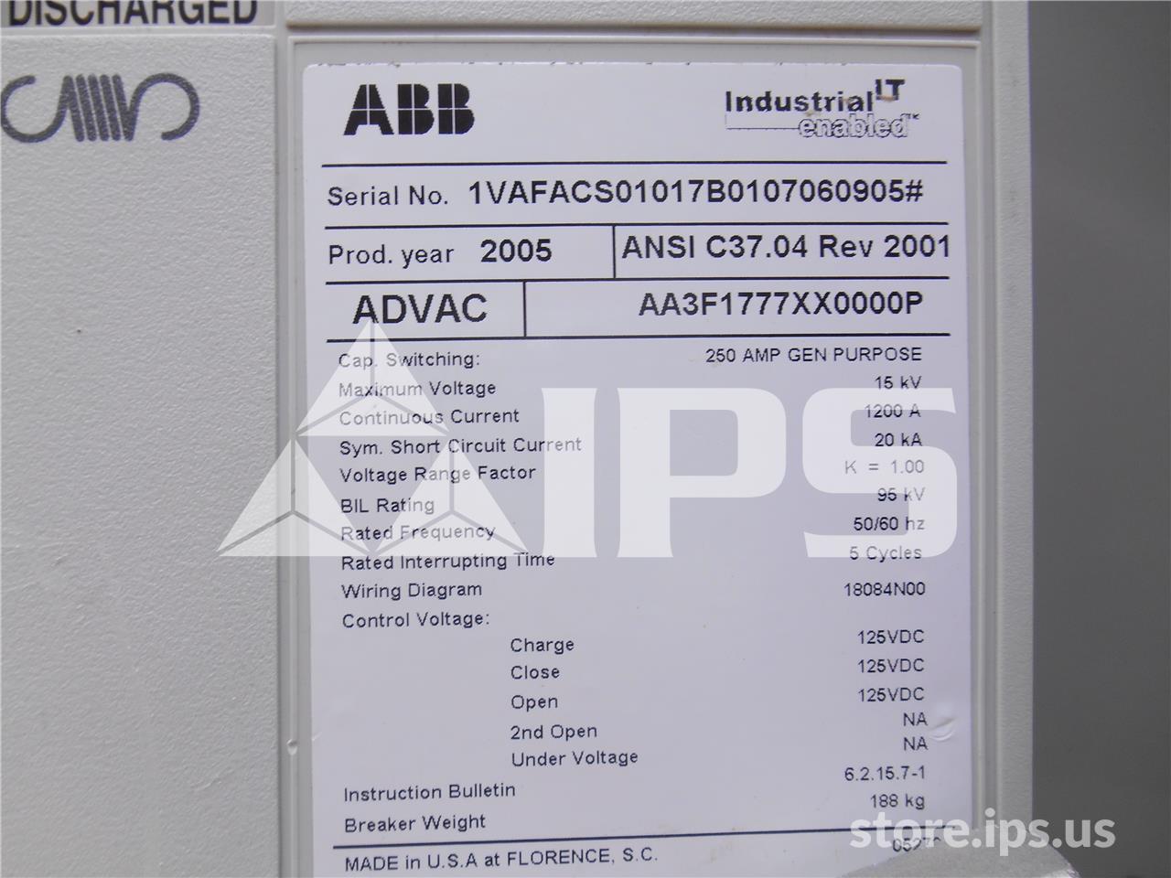 1200 Amps ABB Advac Aa3f1777xx0000p Model 3 (advac Model 3) 125 Volts DC Control, 20k Amps Sc - Image 2