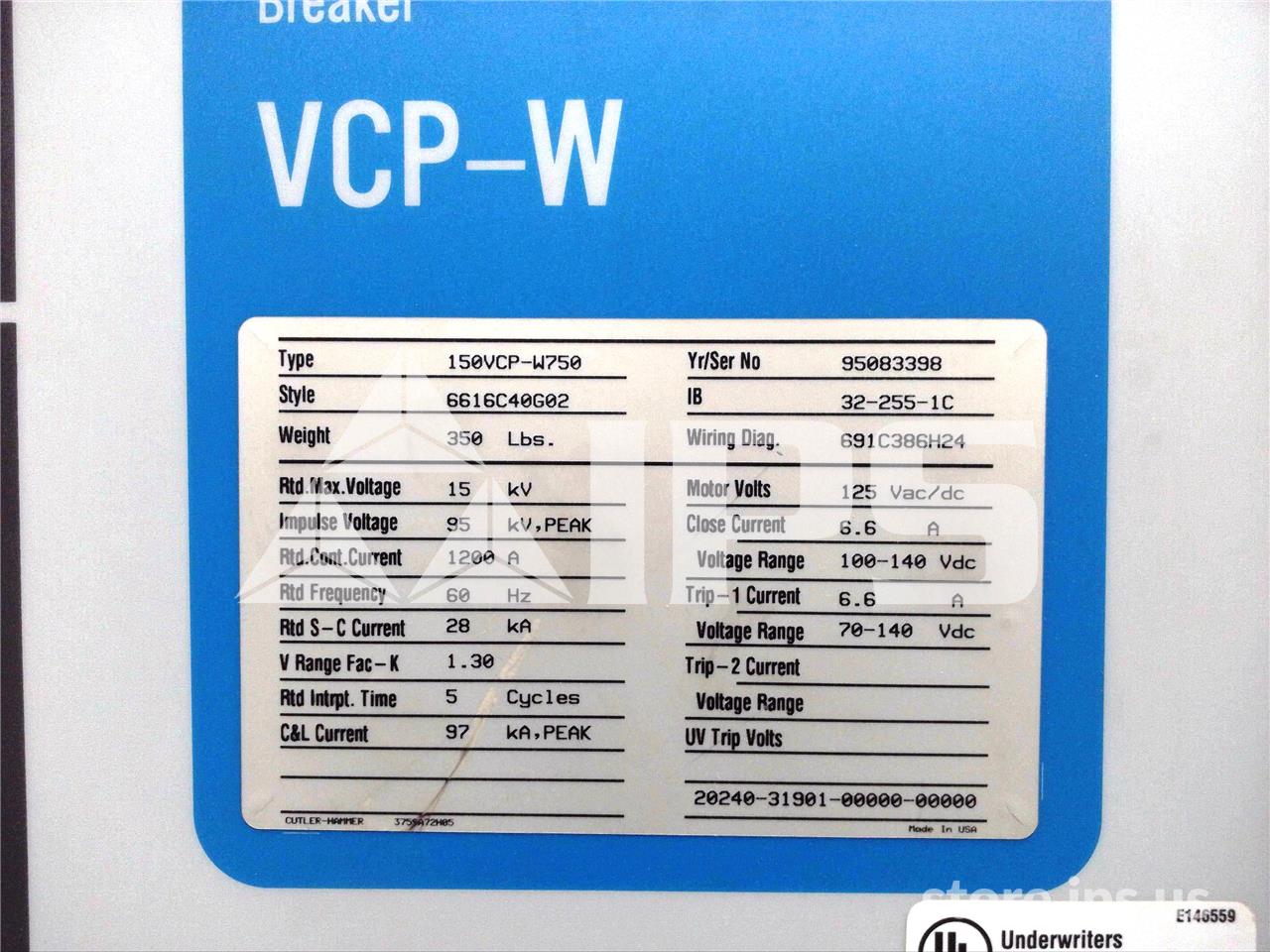 1200 Amps WH 150vcp-w 750 (150vcp-w 750) 125 Volts DC Control, 28k Amps Sc, Bottle# Wl34854b - Image 5