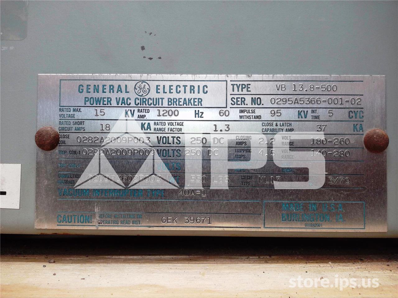 1200 Amps GE Vb 13.8-500 Ml-17 250 Volts DC Control, 18k Amps Sc, Bottle# 40a1 - Image 4